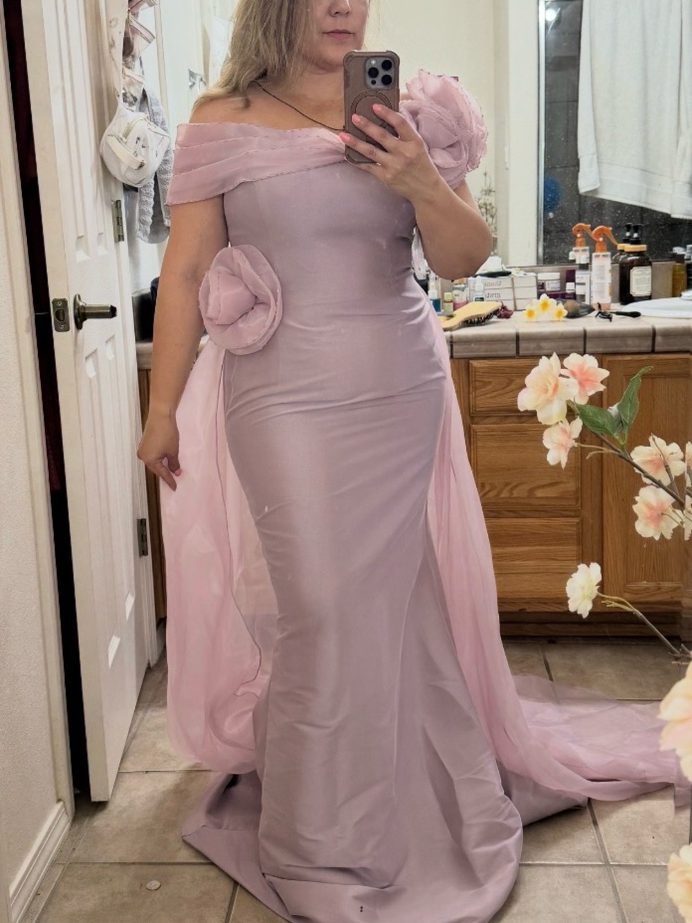 Terani Couture One-Shoulder Blush Pink Mermaid Gown with Rosette Detail - Picture 9 of 10